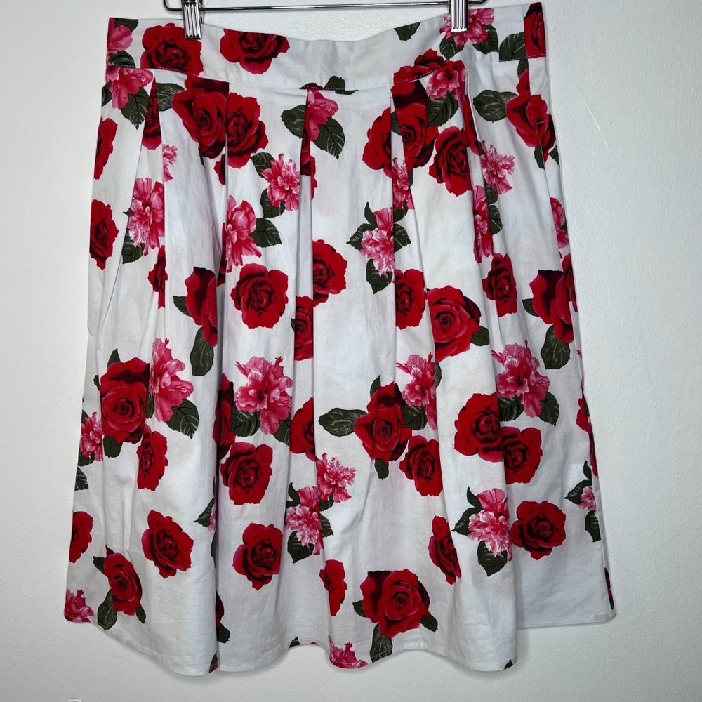 Women's Pleated Swing Skirt XL Midi White Rose Print Cotton Zipper A-line Retro